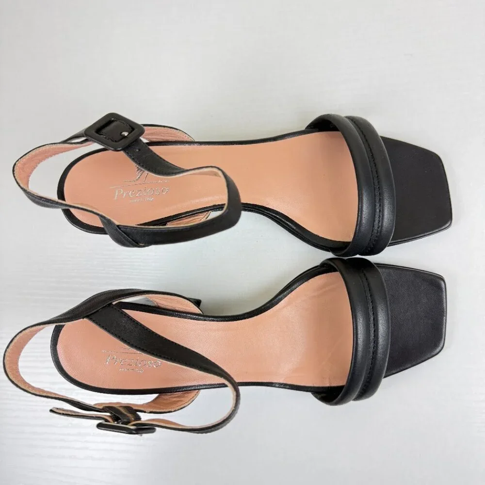 Prezioso Black Leather Stack Heel Sandals Made In Italy